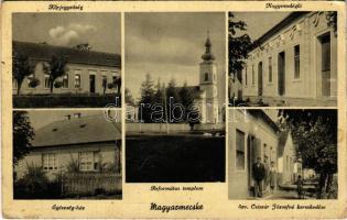 1941 Magyarmecske (Baranya), Körjegyzőség, Református templom, Nagyvendéglő, étterem, Egészség ház, Özv. Csiszár Józsefné üzlete, kerékpár (ázott / wet damage)