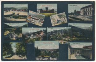 1913 Kovásznafürdő, Baile Covasna; sétatér, patak részlet vizi fűrésszel, Kossuth tér borvízkúttal, Pokolsár fürdő, Rózsahalom, Erdei út, sikló, Horgász forrás, liget, Pokolsár belseje. Szabó nyomda kiadása / squares, river with sawmill, spring sources, bath, forest road, funicular, bath interior