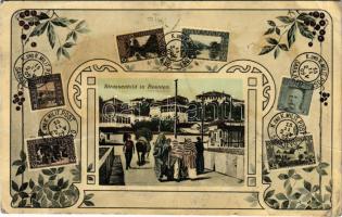 1908 Sarajevo, Strassenbild in Bosnien. Simon Kattan - Art Nouveau montage with K. und k. Milit Post 1904 (tear)