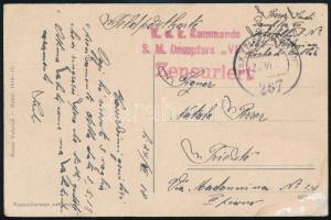 1918 Cenzúrás tábori posta képeslap piros K.u.K. Kommando / S.M. Dampfers VII Triestre küldve