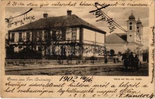 1902 Torontálszécsány, Setschan, Secanj; Fő utca, Római katolikus templom / main street, Catholic church