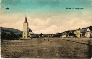 Teke, Tekendorf, Teaca; Fő tér, Evangélikus templom. 8 sz. 1918 D. és M. kiadása / Hauptplatz / main square, Lutheran church (EM)