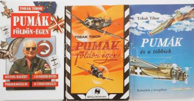 Tobak Tibor 3 kötete, egyik dedikált: Pumák földön égen. Tobak Tibor (1921-2001) vitéz, a Magyar Királyi Honvéd Légierő vadászpilótája által DEDIKÁLT! Bp. , 1989, Háttér Lap- és Könyvkiadó. Kiadói papírkötés + Pumák és a többiek. Mindig túlerővel szemben. Bp.,1990, HungAvia. Kiadói papírkötés. + Pumák földön égen. Bp., 1998, Ferenczy Könyv- és Lapkiadó. Kiadói kartonált papírkötés, címlapon ex libris bélyegzővel.