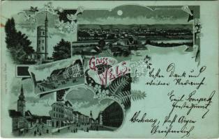 1898 (Vorläufer) Wels, Marienwarte auf dem Rheinberg, panorama, Vorstadtplatz, Stadtpfarrkirche, Stadtplatz / tower, square, parish church, squares. Verlag v. Herm Haas. Art Nouveau floral litho (fl)