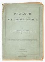Göndöcs Benedek: Pusztaszer és az évezredes ünnepély. Bp., 1883, Szerzői, (Franklin-ny.), 106+2 p.+2 (kihajtható képtáblák) t. Egyetlen kiadás. "A tiszta jövedelem, fele részben a Pusztaszeren létesítendő emlékkápolna, s másik fele részben a Szent Gellérthegyen felállítandó magyar dicsőség csarnoka, Pantheon javára fog fordíttatni." Kiadói papírkötés, foltos, kissé sérült borítóval, a könyvtest szétvált és elvált a borítótól, az elején foltos lapokkal.   Göndöcs Benedek (1824-1894) pusztaszeri apát, gyulai lelkész és országgyűlési képviselő volt. Egyik legnagyobb érdeme a Békésvármegyei Régészeti és Művelődéstörténeti Egylet megalakulása 1874-ben.