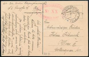 1916 Tábori posta képeslap piros SEETRANSPORTLEITUNG / No XX / KOMMANDO DAMPFER , K.u.K. MARINEFELDPOSTAMT / POLA Bécsbe küldve