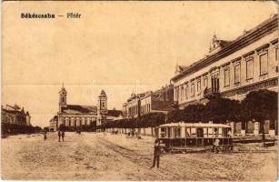 1919 Békéscsaba, Fő tér, templom, motor, kisvasút, városi vasút. Vasúti levelezőlapárusítás 209. (EK)