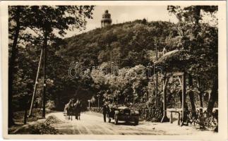 1944 Budapest XII. Jánoshegy, Erzsébet kilátó, Erber János erdész vendéglője, automobil, lovaskocsi