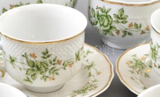 Hollóházi Erika mintás teás készlet. Jelzett, virágfogón minimális pattogzással, teljes