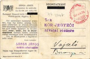 1927 Budapest V. Sárga János ékszerész és műötvös cs. és kir. udv. szállító központi üzlete reklámla...