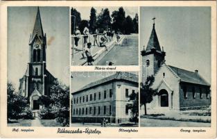 1941 Budapest XVII. Rákoscsaba, Rákoscsaba-Újtelep; Református templom, Mária strand, fürdőzők, Evangélikus templom, Községháza. Sterner M. Ida kiadása (fl)