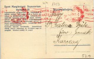 1927 Budapest XIII. Szent Margitszigeti szanatórium + "Készpénzzel bérmentesítve"
