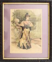 cca 1890 Hölgy elegáns ruhában, divatkép. Színezett rotációs fametszet, papír, jelzett a metszeten. Dekoratív, kissé sérült, üvegezett fakeretben. 27×19 cm