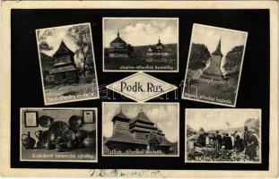 1944 Kárpátalja, Podk. Rus., Transcarpathia; fatemplomok, kerámia / Torun, Jasina, Repenje, Uzok dreveny kostelik, na trhu, sverázné keramické vyrobky / Transcarpathian wooden churches, ceramics