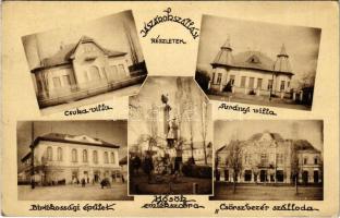 1943 Jászárokszállás, Csuka villa, Surányi villa, Birtokossági épület, Hősök szobra, emlékmű, Csörsz vezér szálloda. Bagi Lipót kiadása, Takács felvételei (EB)