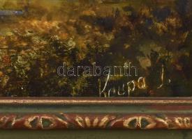 Krupa József (1929-): Patakparti táj. Olaj, farost. Jelzett. Hátoldalán autográf felirattal. Dekorat...