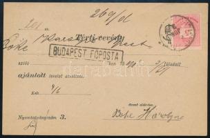 1894 Színesszámú 5kr bélyeg helyi ajánlott levél térti-vevényén, BUDAPEST FŐPOSTA. Extrém ritka!