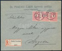 1898 Ajánlott levél 3x5kr bérmentesítéssel, luxus bélyegzéssel, &quot;TÖRÖK-KANIZSA&quot; - &quot;SZEGED&quot;