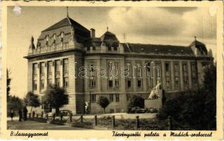 1938 Balassagyarmat, Törvényszéki palota, Madách szobor + &quot;1938 Losonc visszatért&quot; So. Stpl. (ragasztónyom / glue marks)