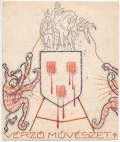 1922 Vérző Művészet - Schima András (1882-1959) győri iparművész rajza és saját levele Martosnak címezve Mezőkövesdre / Hungarian hand drawn propaganda art s: Schima Bandi (14 x 16,6 cm) (EB)