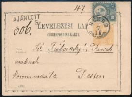 1872 Ajánlott 2kr díjjegyes levelezőlap Réznyomat 10kr díjkiegészítéssel, &quot;BÉKÉS&quot; - Pest (előélet: 2008 SZD-árverés 320.000Ft+%)