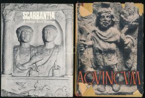 2 db könyv: Szilágyi János: Aquincum. Officina képeskönyvek 20. Bp., 1943, Officina, 29+7 p.+28 (fekete-fehér képtáblák) t. Második kiadás. Kiadói félvászon-kötés, kiadói sérült papírborítóval. + Sz. Póczy Klára: Scarbantia. A római kori Sopron. Bp., 1977, Corvina. Kiadói papírkötés.