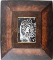 Hollóházi Szász Endre által tervezett mintával díszített porcelán plakett, bőr keretben 9x12 cm, 26x...