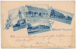 1901 Varjas, Varias; Római katolikus templom, Takarékpénztár, Schnur szálloda, Községháza. Schmidt Edgar kiadása / Catholic church, savings bank, hotel, town hall. Floral (EK)