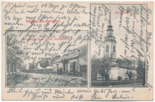 1914 Kisszántó, Santaul Mic; Református templom, Schlesinger Samu üzlete, utca részlet / Calvinist church, street view, shop of Schlesinger (fa)