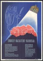 1940 Erdély hazatért városai, irredenta plakát, kiadja a Székely Egyetemi és Főiskolai Hallgatók Egyesülete. 34x24 cm Hajtva