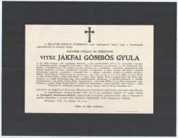 1936 vitéz jákfai Gömbös Gyula (1886-1936) miniszterelnök halotti értesítője