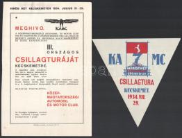 1934 KAMC Középmagyarországi Automobil- és Motor Club meghívója országos csillagtúrára. valamint hozzá tartozó autójegy