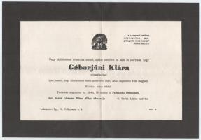 1972 Gáborjáni Klára (1923-1972), Szabó Lőrinc költő lányának halotti értesítője, hajtott