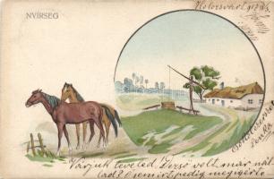 Nyírség gémeskúttal, lovakkal