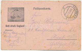 1915 Gott strafe England! / Első világháborús tábori postai levelezőlap II. Vilmos és I. Ferenc József arcképével / WWI Austro-Hungarian K.u.K. military field postcard, Viribus Unitis propaganda with Wilhelm II and Franz Joseph I of Austria (fl)