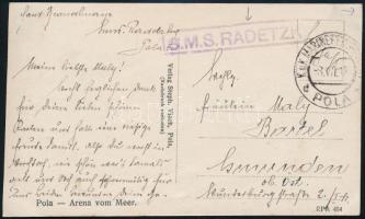 1917 Tábori posta képeslap S.M.S. RADETZKY , K.u.K. MARINEFELDPOSTAMT / POLA