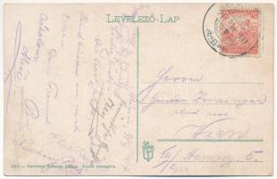 1917 Báziás, Vasúti vendéglő kerthelyisége vendégekkel és pincérrel. Dervarics Ferenc kiadása / rail...