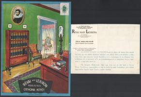 cca 1928 Révai Nagy Lexikon dekoratív reklám nyomtatvány. Kisplakát 21x29 cm + 3 db reklám nyomtatvány