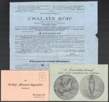 cca 1870-1930 reklám nyomtatványok: Családi kör előfizetési felhívás, Darnay Bujdosó gyöngysor c. regényének ismertetője, Szt István Turisztikai hónap, Budapesti utazás prospektus, Erdélyi múzeum egyesület, kombinált utcaseprő gép