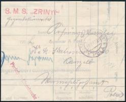 1918 Számla (Gegen-überrechnungskonsignation) tábori posta levélként feladva &quot;S.M.S. ,,ZRINYI&quot; , &quot;K.u.K. MARINEFELDPOSTAMT / POLA&quot; portómentes jelzéssel Polába küldve