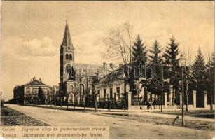 Eszék, Essegg, Osijek; Jägerova ulica sa protestanskom crkvom / Jägergasse und protestantische Kirche / Vadász utca, Református templom / street view, Calvinist church