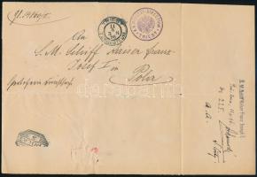 1896 Hivatalos levél Polába K.K. POLIZEI-DIRECTION / TRIEST , TRIEST / TERGESTEUM hátoldalán S.M. Schiff Kaiser Franz Joseph I.
