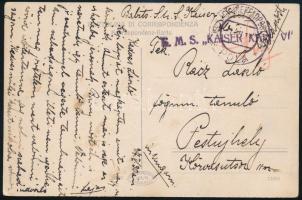 1917 Tábori posta képeslap Pestújhelyre küldve S.M.S. Kaiser Karl VI. , K.u.K. MARINEFELDPOSTAMT / POLA