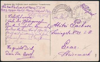 1917 Tábori posta képeslap Grazba küldve K.u.K. KRIGSMARINE / S.M.S. KAISER KARL VI. , K.u.K. MARINEFELDPOSTAMT / POLA