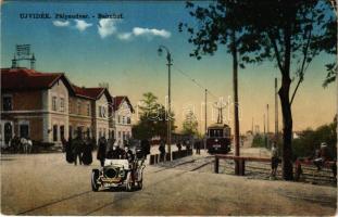 Újvidék, Novi Sad; Pályaudvar, vasútállomás, villamos, automobil / Bahnhof / railway station, tram, automobile (EK)