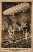 1916 Ein Zeppelin-Kreuzer bombardiert in der Nacht eine englische Stadt / WWI German military art postcard, airship bombing a British town + K.u.K. FELDPOSTAMT (b)