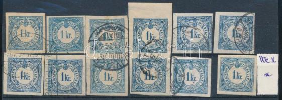 1868-1898 12 db 1kr Hírlapbélyeg, közte 2 pár