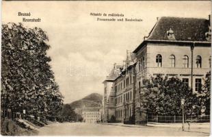 Brassó, Kronstadt, Brasov; Sétatér és reáliskola. Kiadja Kovács Miklós és Társa / Promenade und Realschule / promenade, school