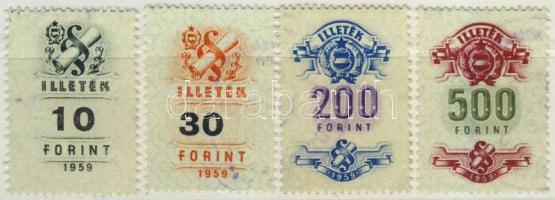 1959 Okmánybélyeg sor 4 értéke, alig látható bélyegzéssel