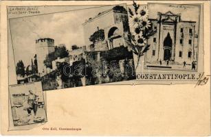 1899 (Vorläufer) Constantinople, Istanbul; La Porte Dorée et les Sept Tours, Mosquée Suleymanée, Marchand de Melons / city walls and tower, mosque, melon merchant. Art Nouveau, floral (Rb)